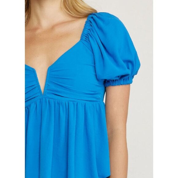 Vici Women Blue Peplum Blouse Small Short Sleeves Lined Plunge V-Neck Smog Back - Picture 7 of 8